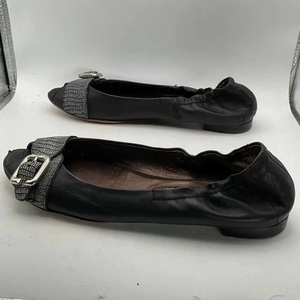 AGL ladies ballet flats shoes 38 1/2 us 8 1/2 black silver peep toe leather chic - Picture 6 of 13
